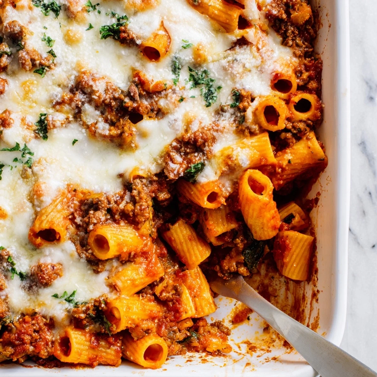 Golden bubbly Bolognese pasta bake fresh from the oven with melted mozzarella cheese topping