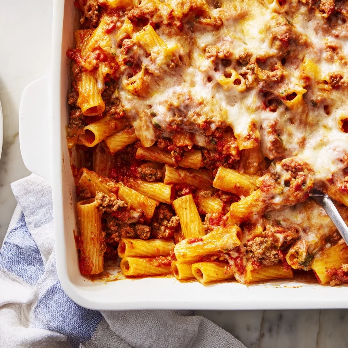 Rigatoni pasta tossed in rich meat Bolognese sauce and baked until cheese is golden brown