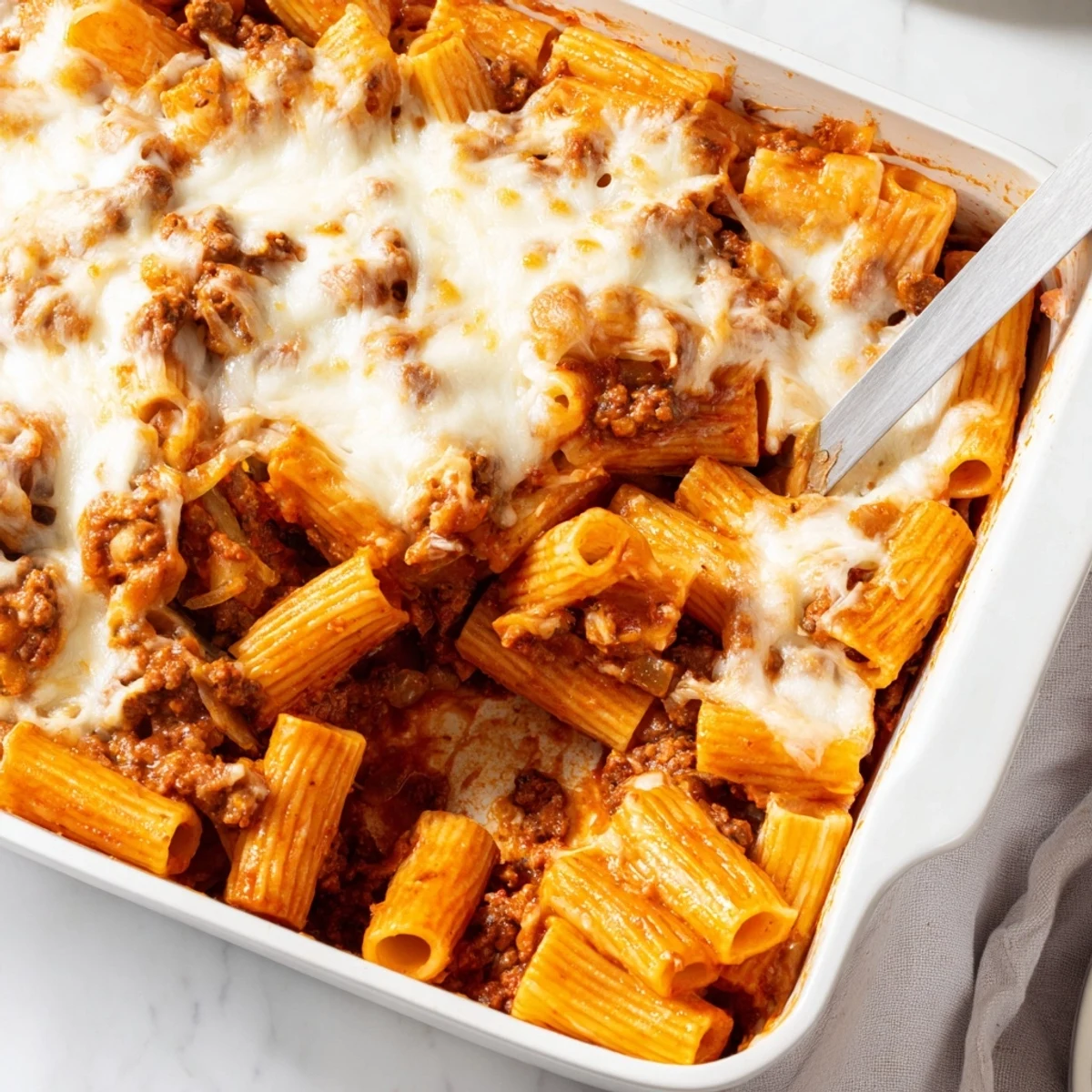 Comforting Italian Bolognese pasta bake with tender noodles in savory tomato sauce and crispy cheese layer