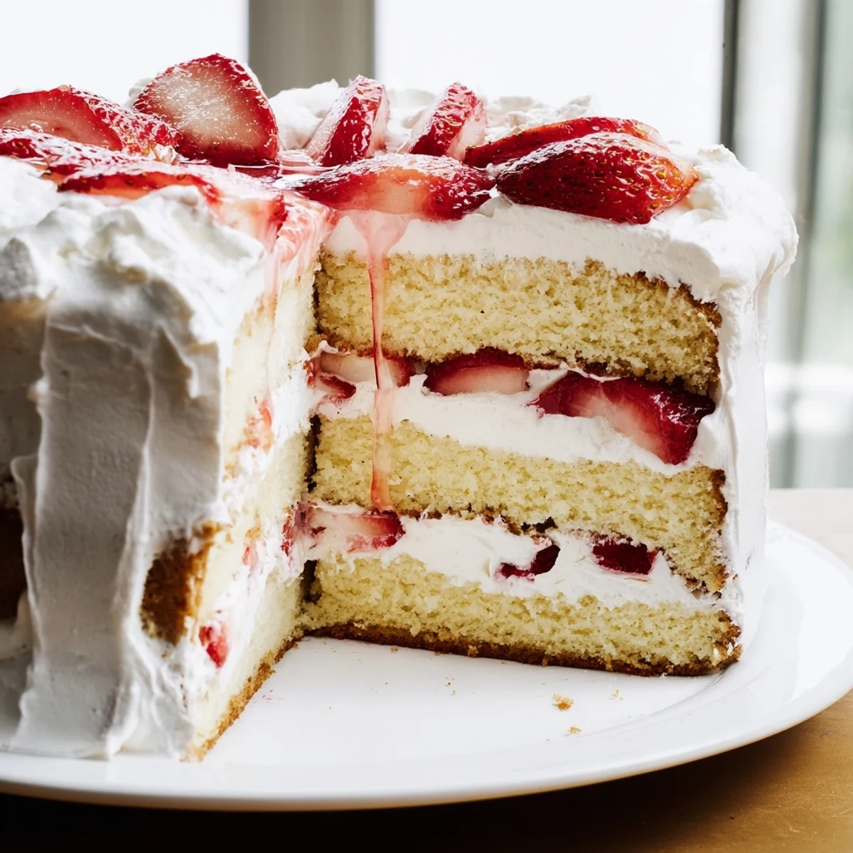 Slice of strawberry shortcake cake showcasing fresh red berries between moist vanilla cake layers