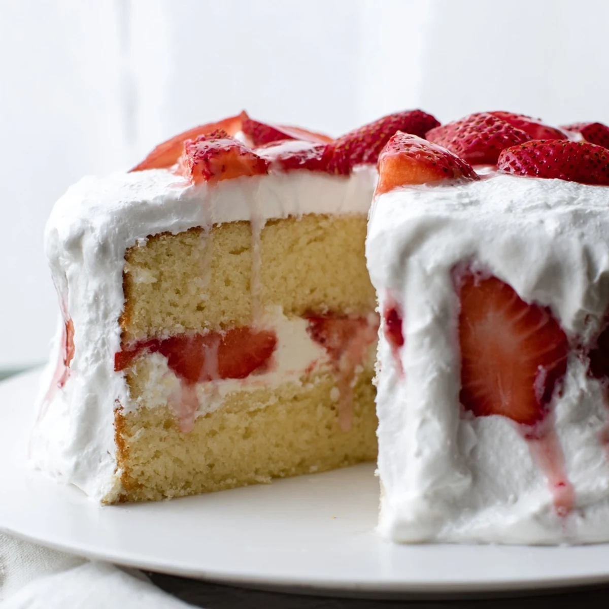 Golden strawberry shortcake cake layered with fluffy vanilla sponge and sweet whipped cream