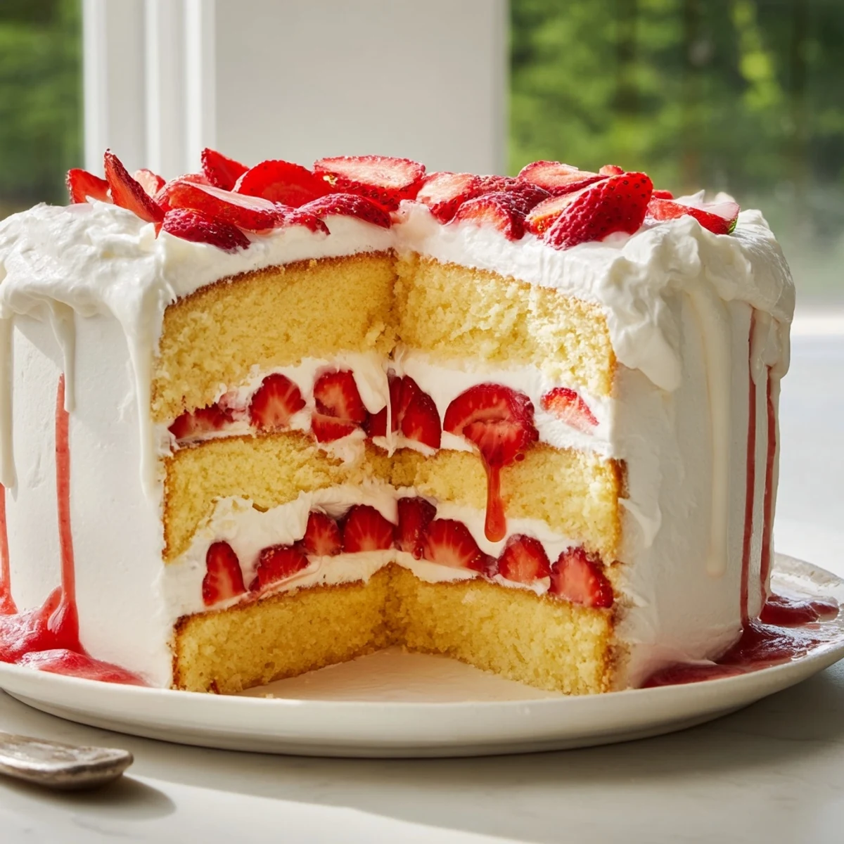 Triple-layer strawberry shortcake cake topped with juicy strawberries and clouds of white whipped cream