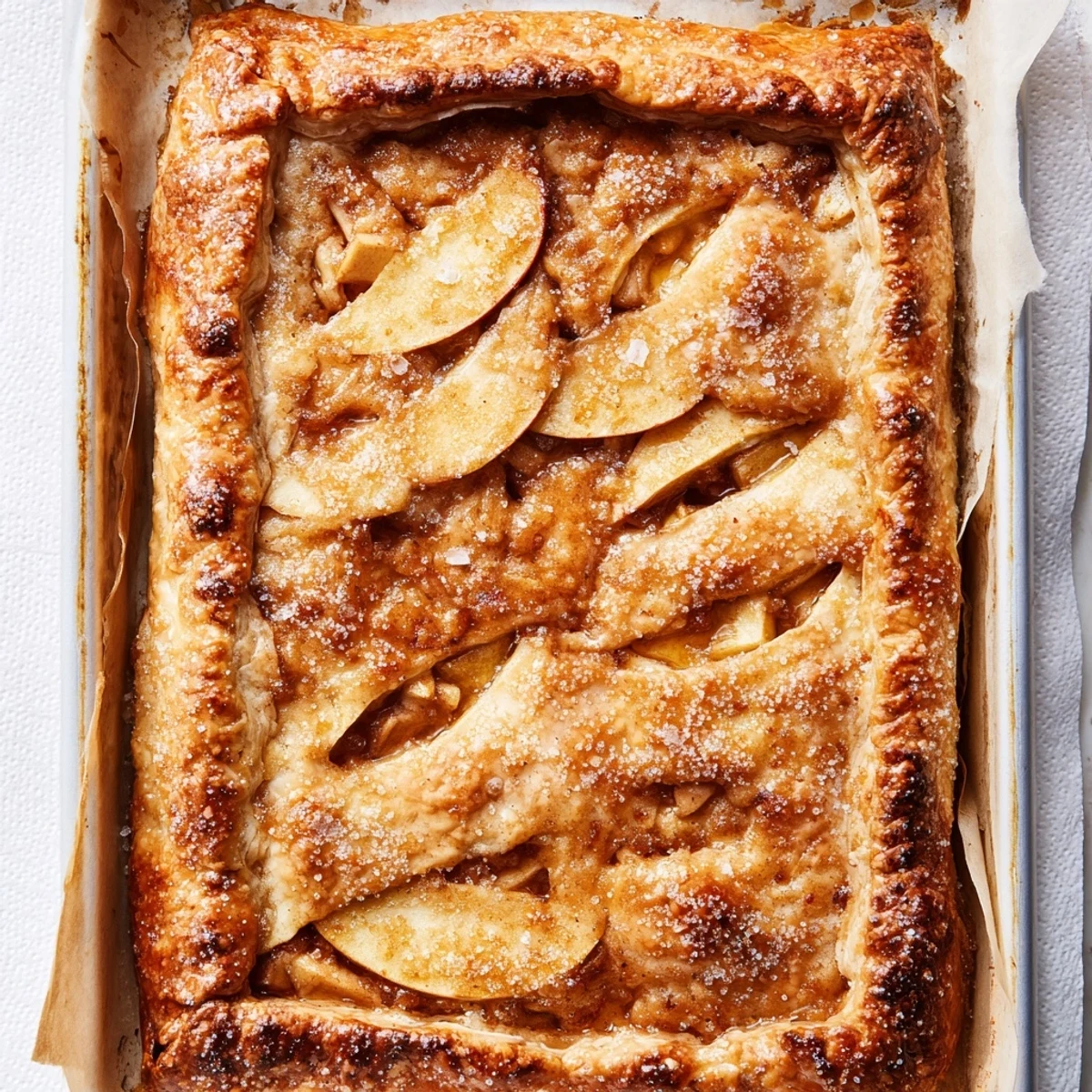 Golden apple slab pie with flaky crust and spiced apple filling bubbling through steam vents