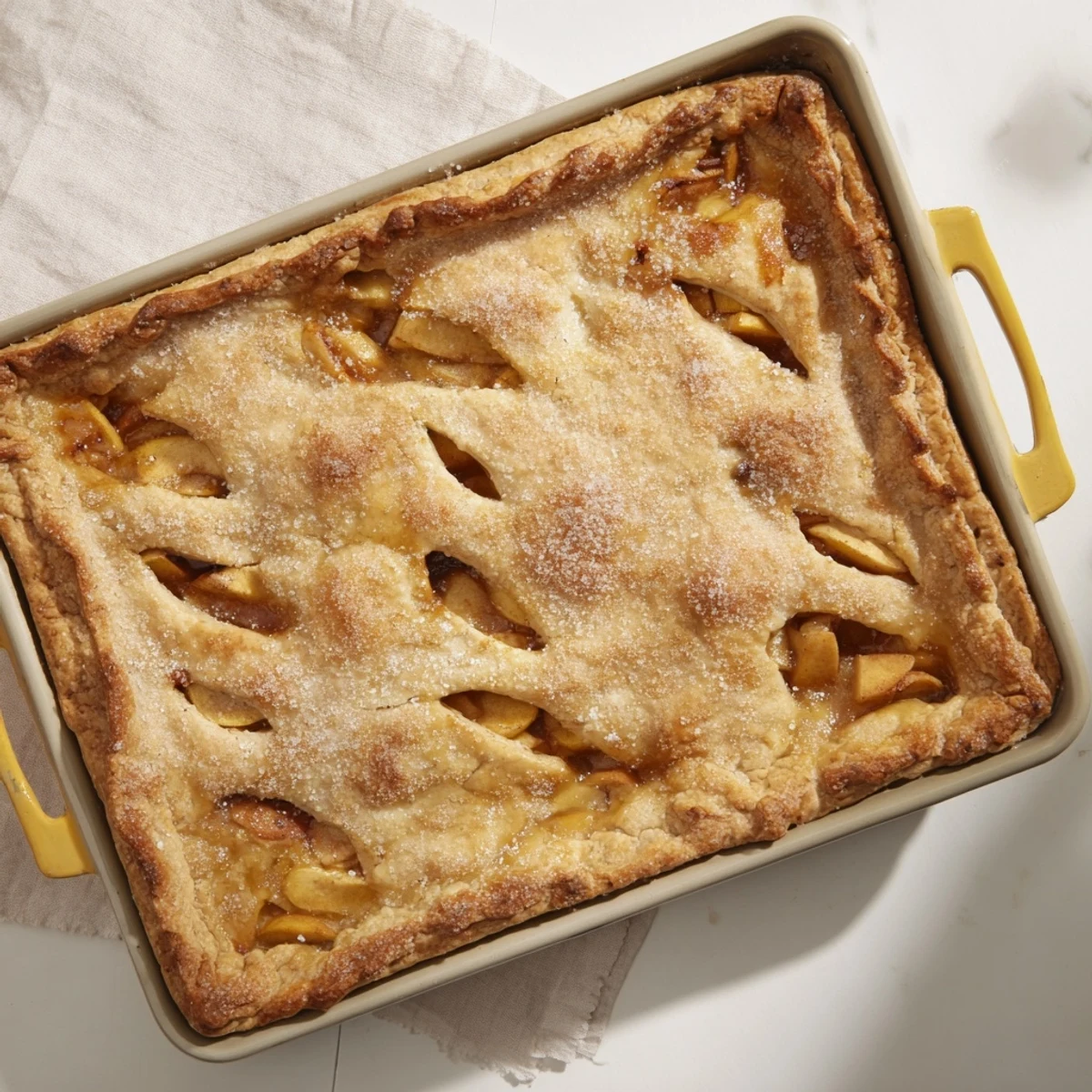 Rectangular apple slab pie sliced into squares topped with coarse sugar on golden baked pastry