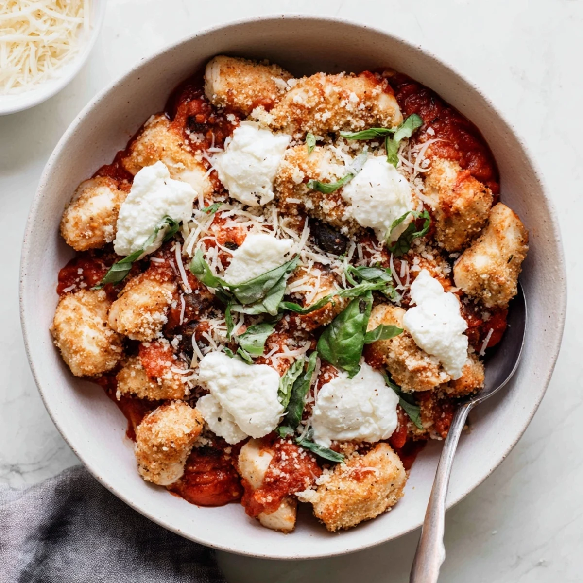 Golden brown chicken breast topped with melted mozzarella and zesty marinara sauce in a bowl