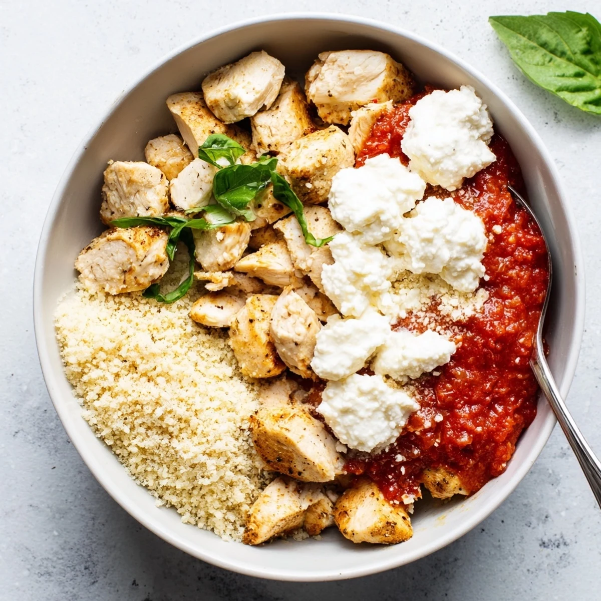 Creamy cottage cheese bowl featuring seasoned chicken, bubbling marinara, and crispy toasted breadcrumb garnish