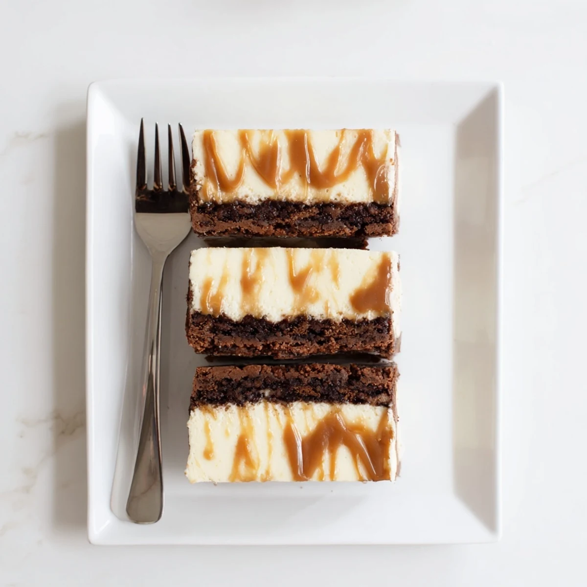 Decadent caramel brownie cheesecake bliss bars stacked with golden caramel drizzle on a white plate