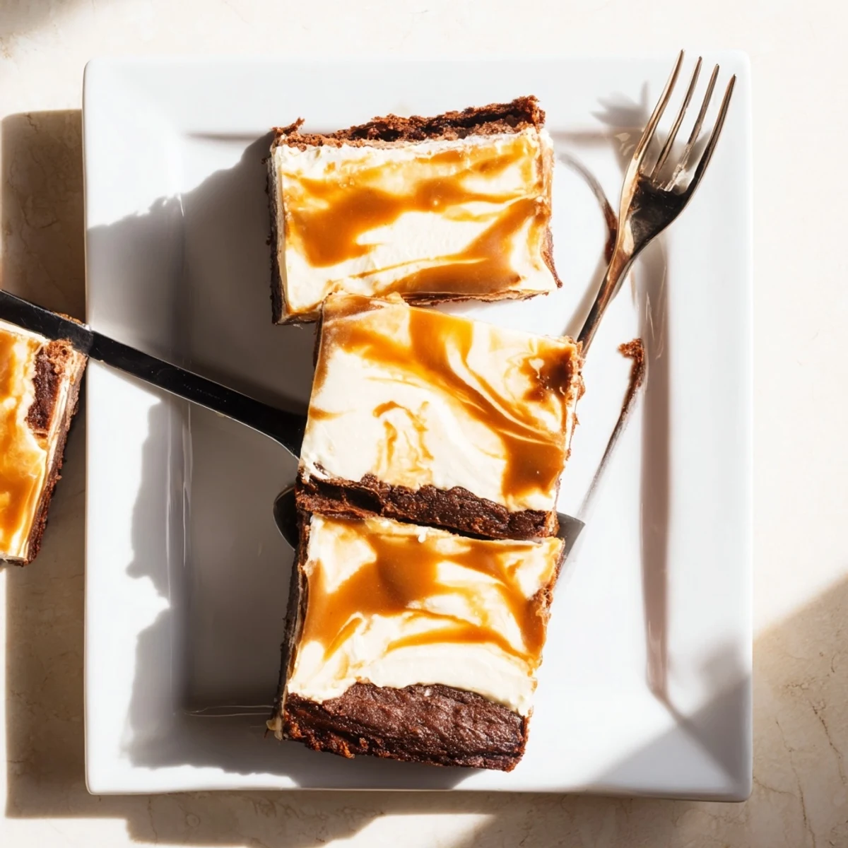 Rich caramel brownie cheesecake bliss dessert showing fudgy layers topped with glossy caramel sauce