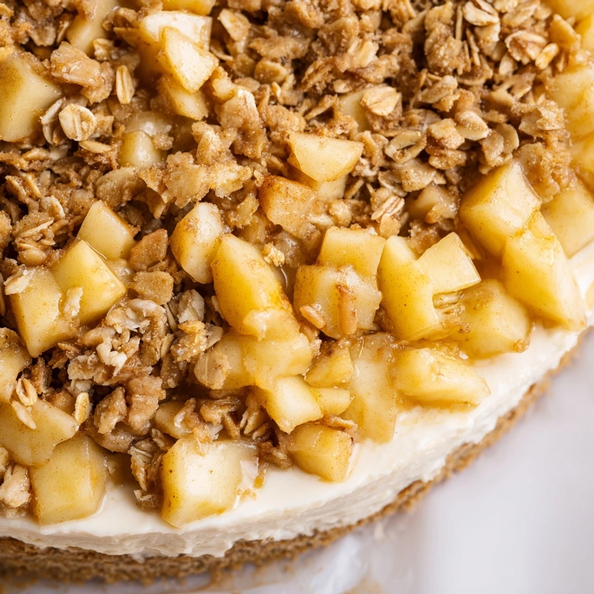 Creamy mini cheesecakes topped with warm spiced apple crisp and golden oat crumble on paper liners