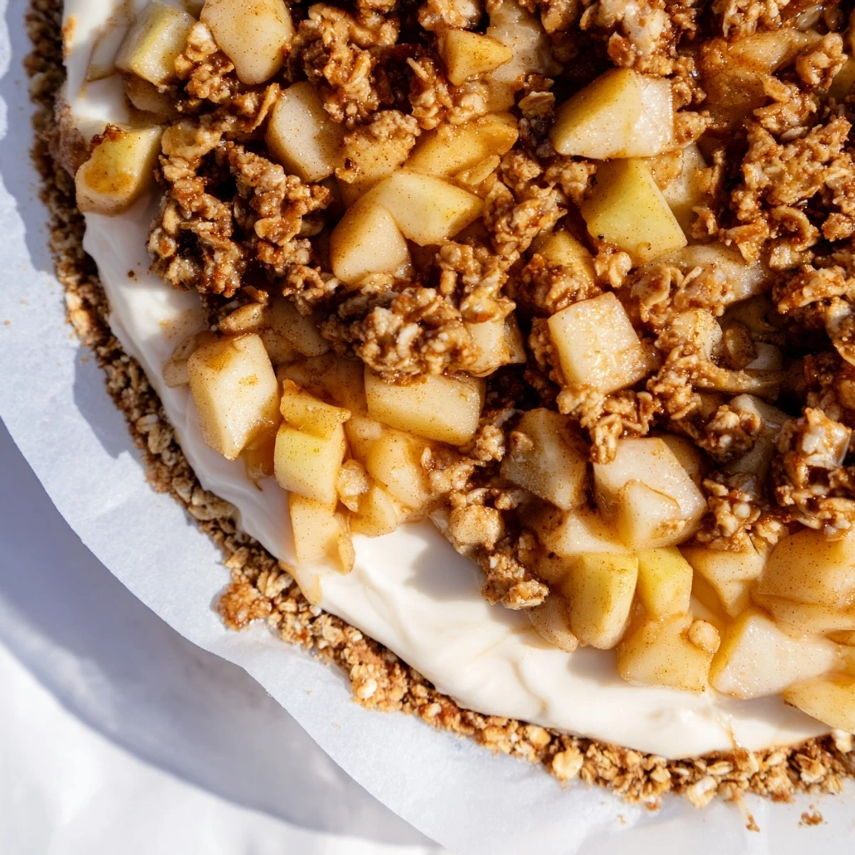 Individual apple crisp mini cheesecakes featuring tender cinnamon apples over rich vanilla cheesecake in muffin tins