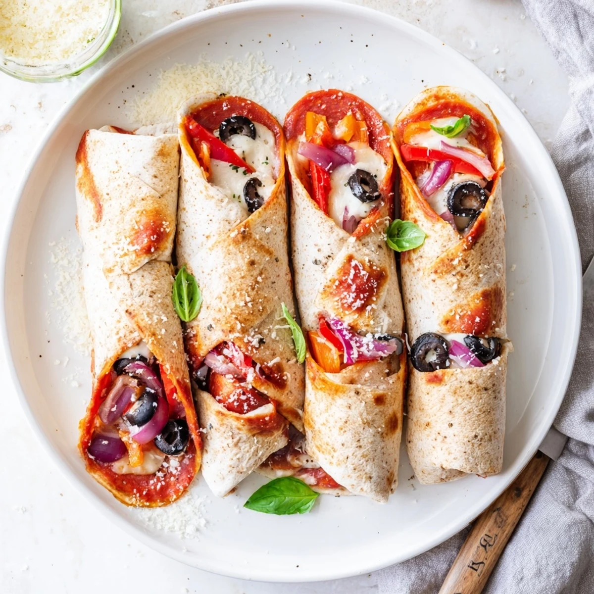 Crispy air fryer pizza burritos sliced open revealing colorful bell peppers and gooey cheese filling