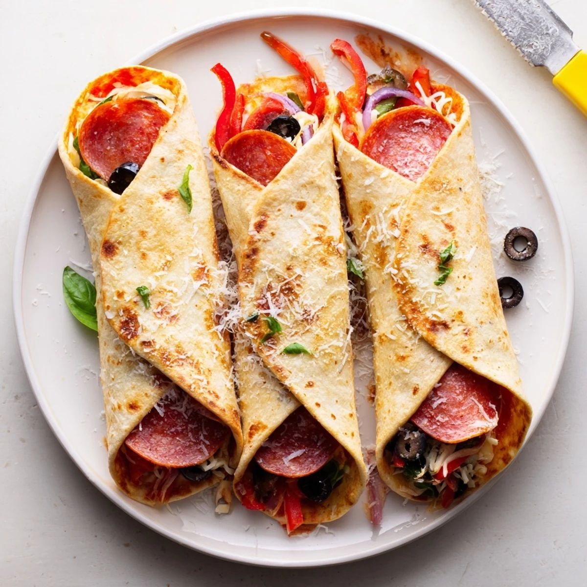 Delicious pizza burritos sprinkled with fresh basil and parmesan served with warm dipping sauce