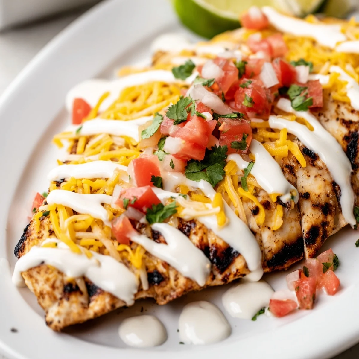 Golden grilled fiesta lime chicken topped with melted cheese and drizzled with zesty cream sauce
