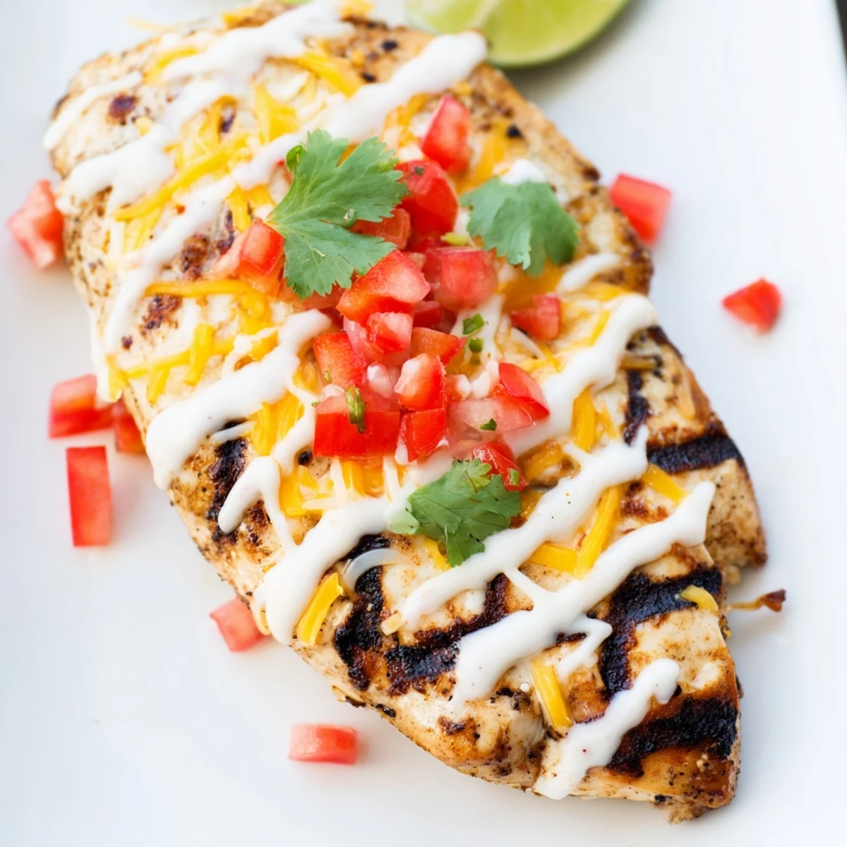 Zesty fiesta lime chicken breast grilled to perfection with fresh cilantro and pico de gallo garnish