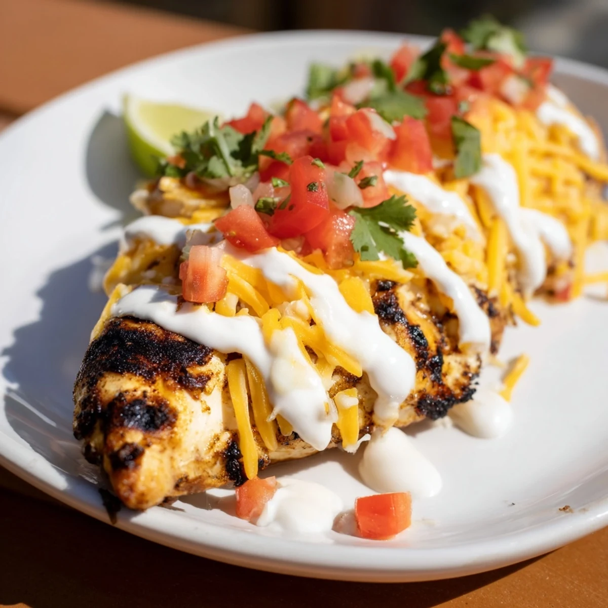 Southwestern fiesta lime chicken served with tangy white sauce lime wedges and shredded cheese topping
