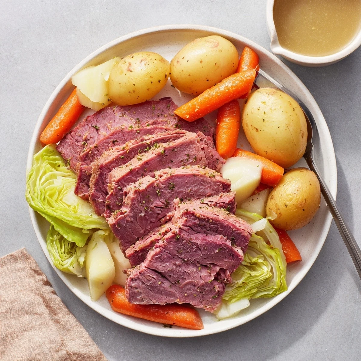 Juicy corned beef brisket arranged on a platter with colorful roasted vegetables, glistening with savory beef broth and fresh parsley