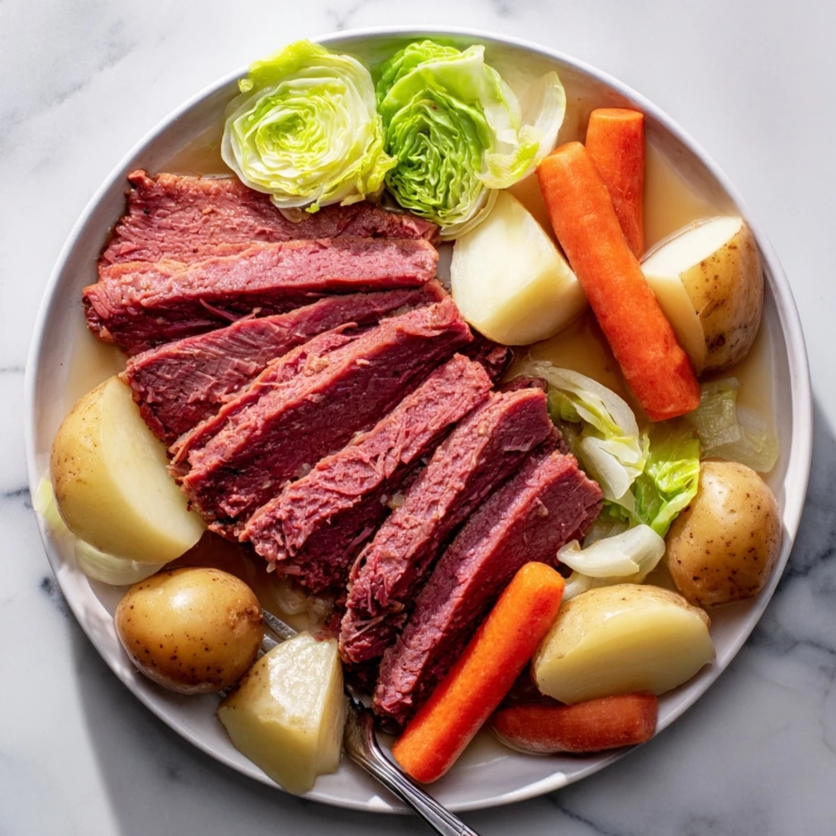 Tender slices of slow cooker corned beef served alongside buttery cabbage wedges, carrots, and potatoes in a deep serving bowl