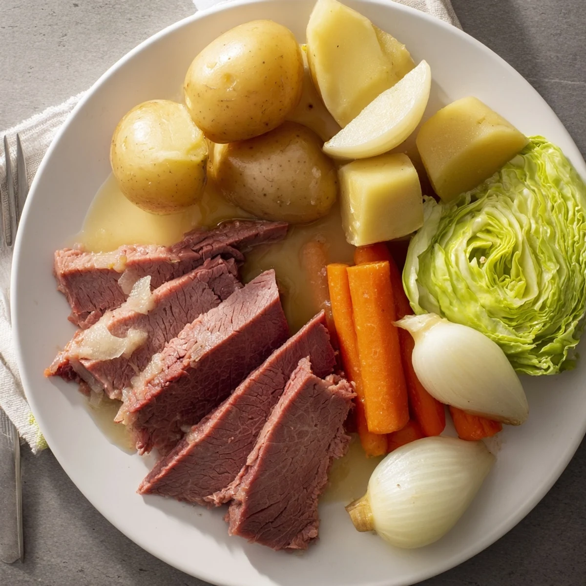 Comforting Irish-American corned beef and cabbage dinner plated with golden potatoes, orange carrots, and vibrant green cabbage in rustic style