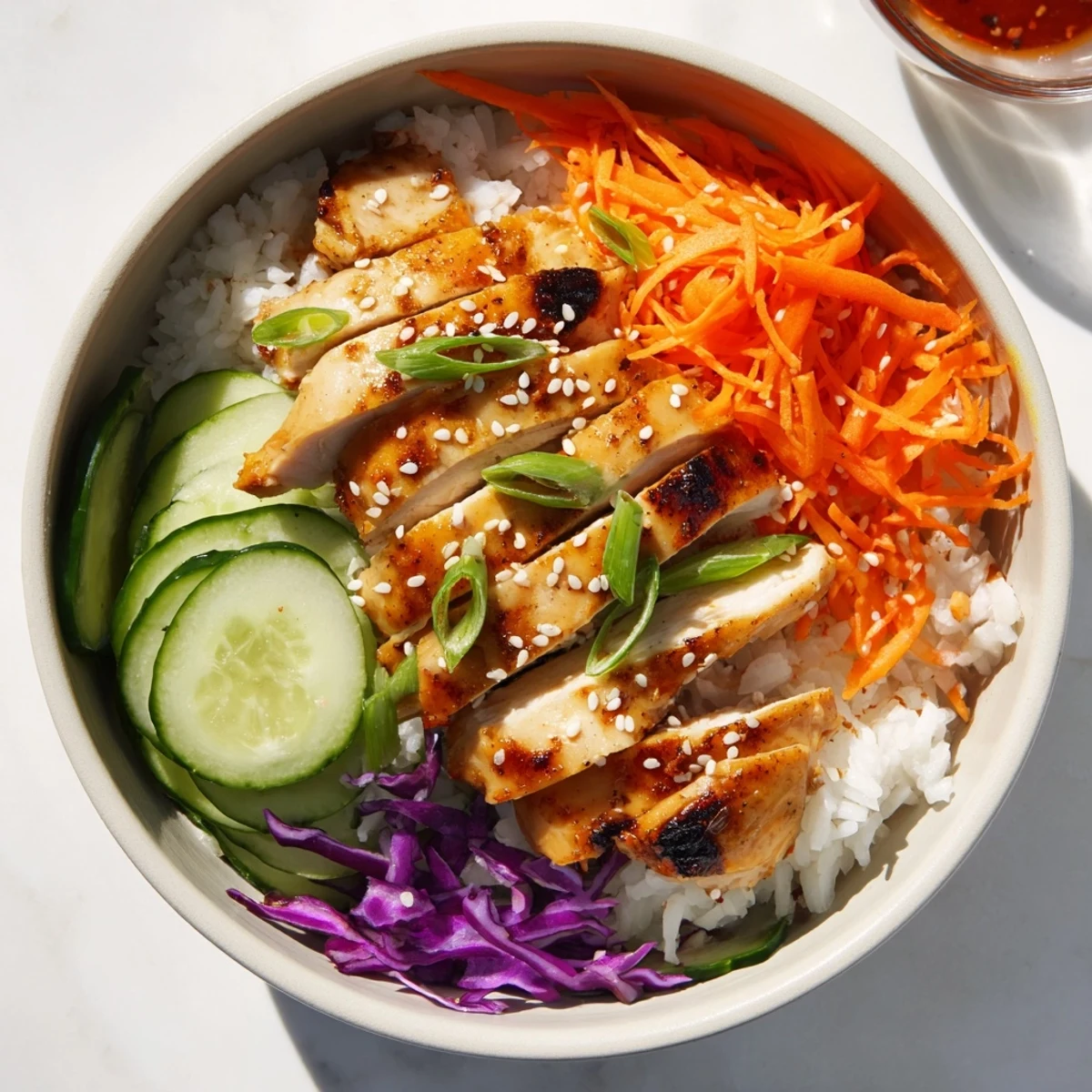 Korean BBQ chicken bowls featuring juicy glazed thighs over fluffy white rice with crisp colorful vegetables