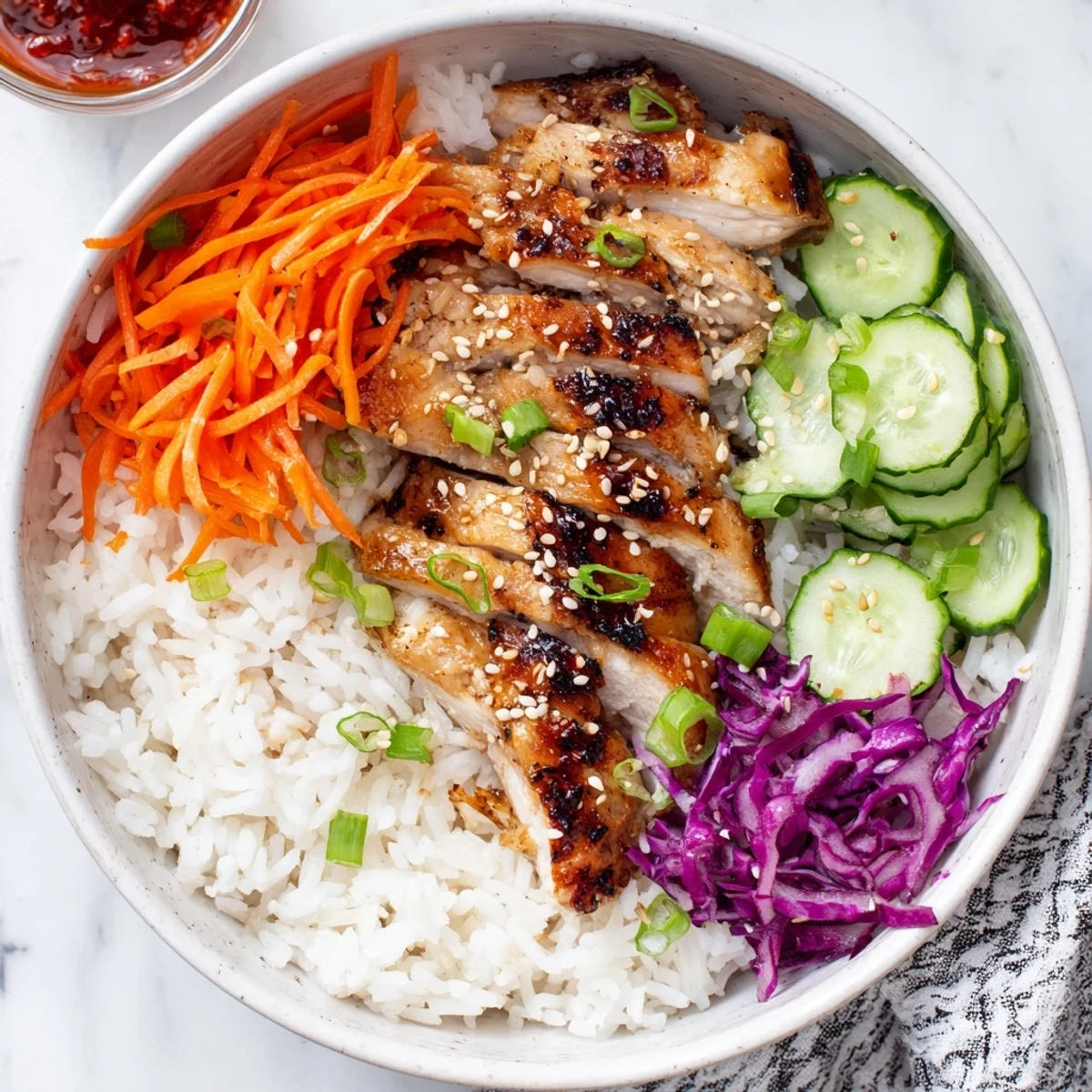 Savory Korean BBQ chicken bowls arranged with shredded carrots cucumber and purple cabbage toppings