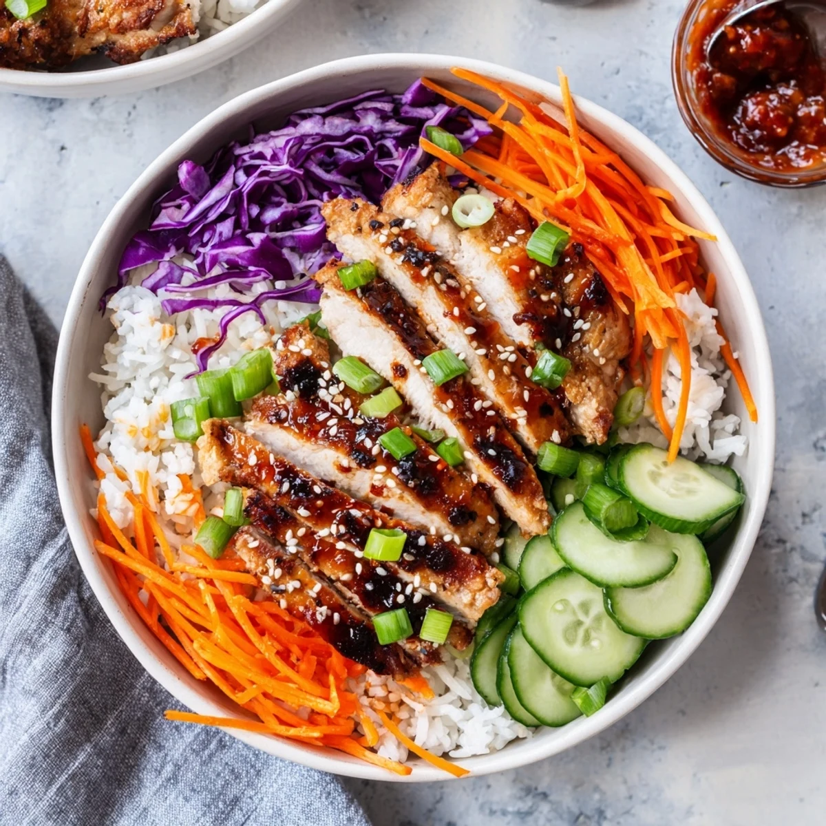 Hearty Korean BBQ chicken bowls with charred marinated meat served on steaming rice with fresh garnishes