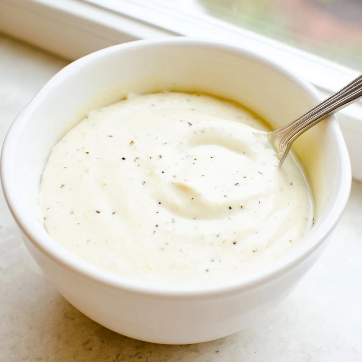 Thick, velvety chicken shawarma garlic sauce served in a small white dipping bowl