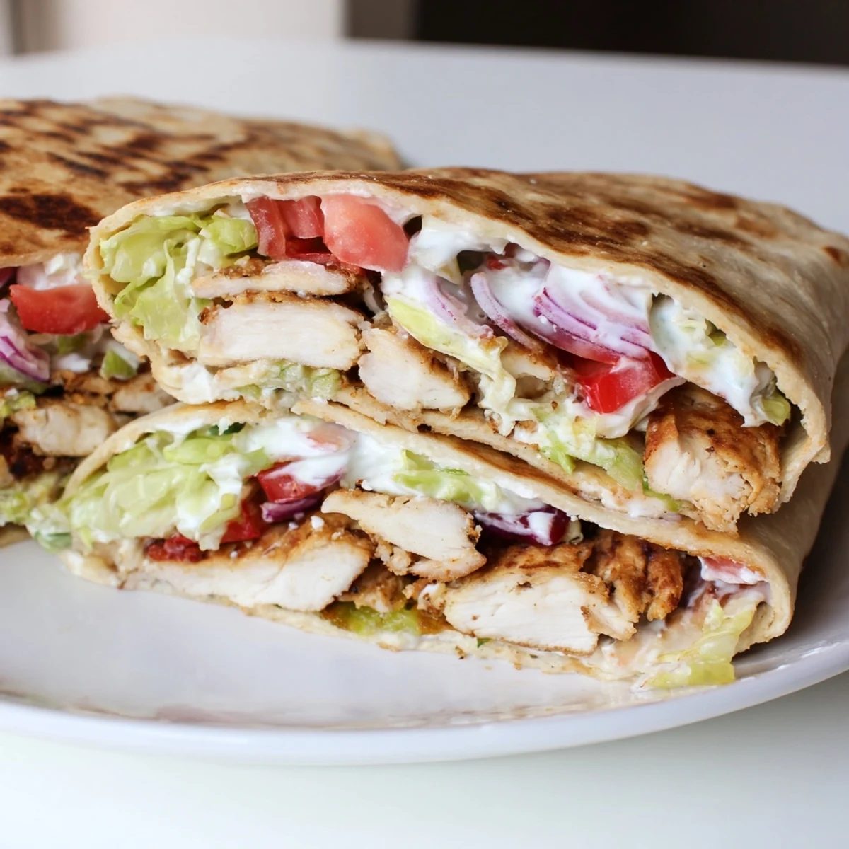 Golden high protein cottage cheese flatbread chicken wraps filled with fresh lettuce and juicy seasoned grilled chicken strips