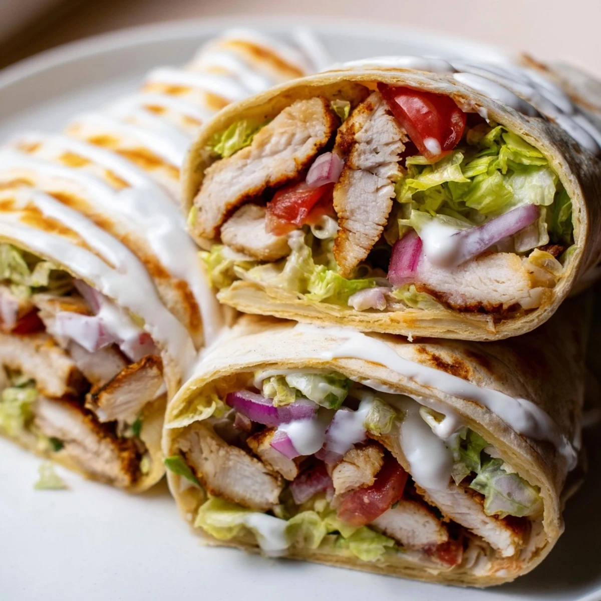 Handheld cottage cheese flatbread wrap featuring tender spiced chicken and crisp vegetable toppings ready to bite