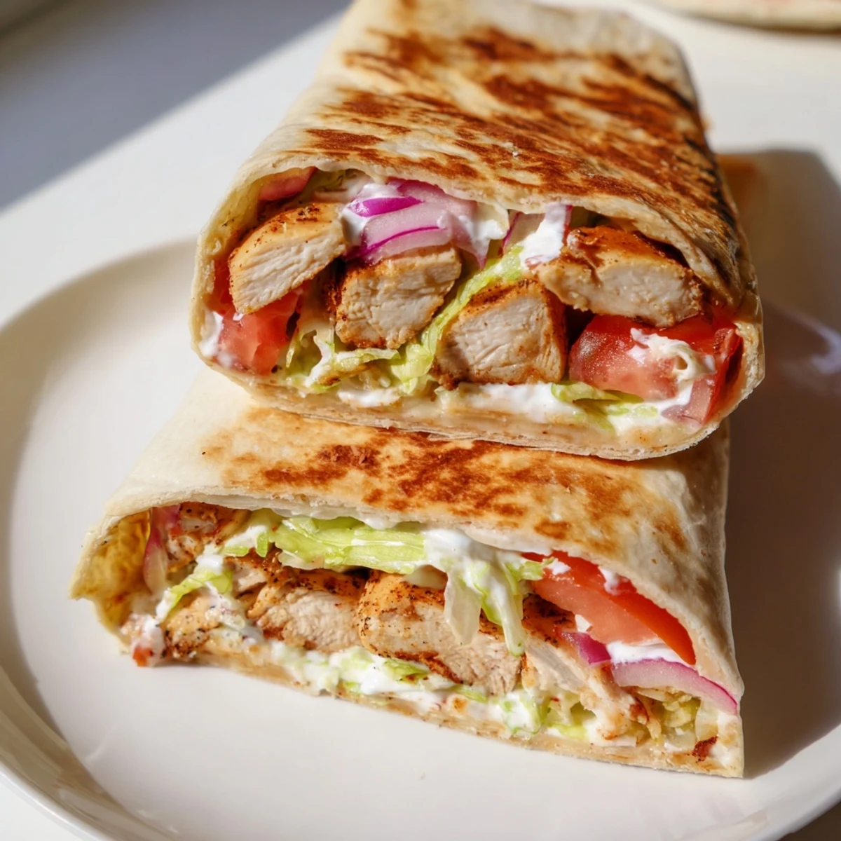 Crispy cheesy flatbread wraps stuffed with spiced chicken breast and vibrant vegetables for a satisfying protein-packed lunch