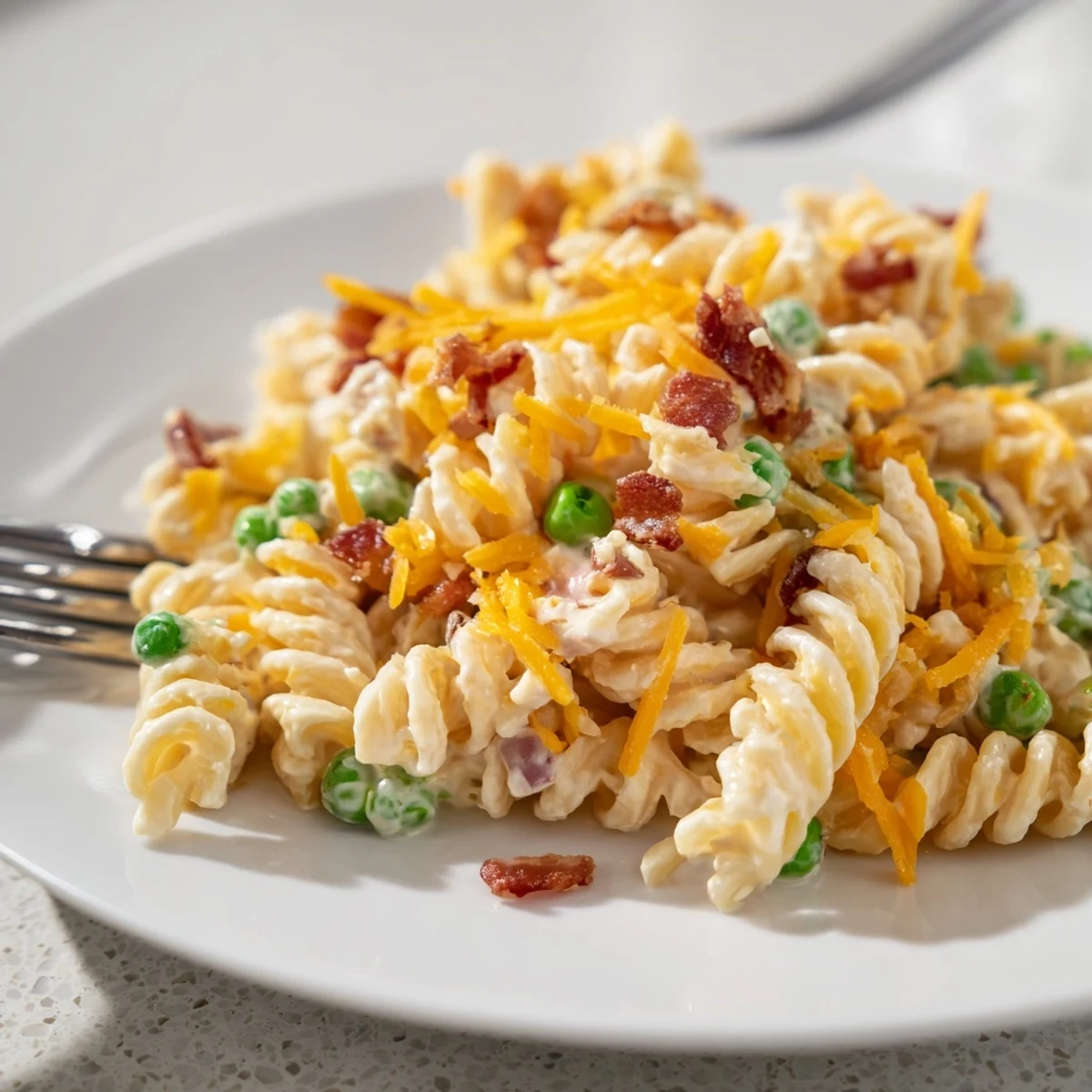 Creamy crack pasta salad loaded with crispy bacon, sharp cheddar, and green onions in a white serving bowl