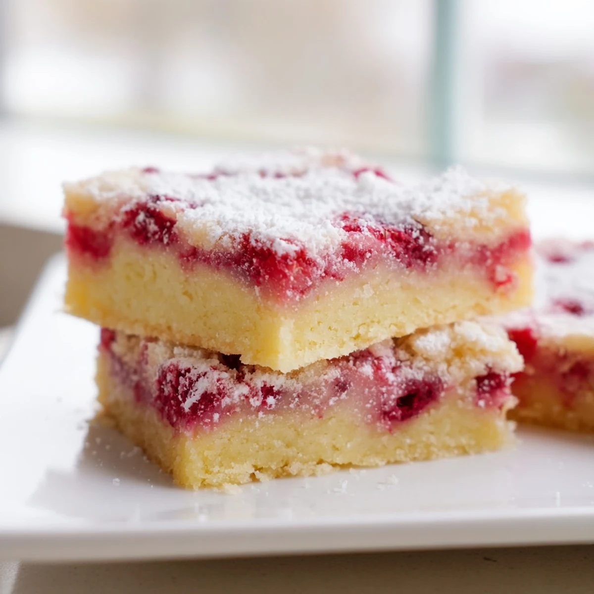 Dusted lemon raspberry bars cut into squares revealing luscious fruit-filled layers