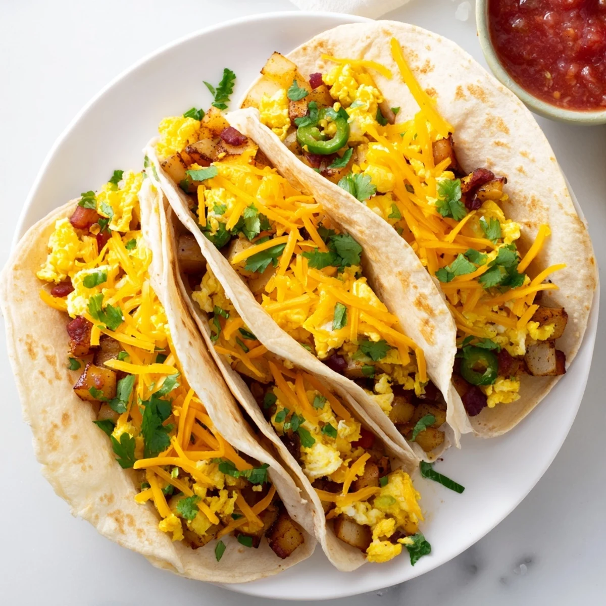 Warm flour tortillas filled with fluffy scrambled eggs crispy potatoes and cheese