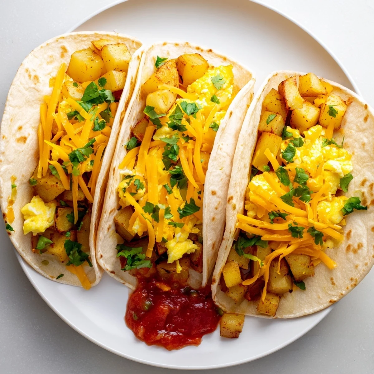 Golden potato and egg breakfast tacos loaded with melted cheddar cheese and fresh cilantro