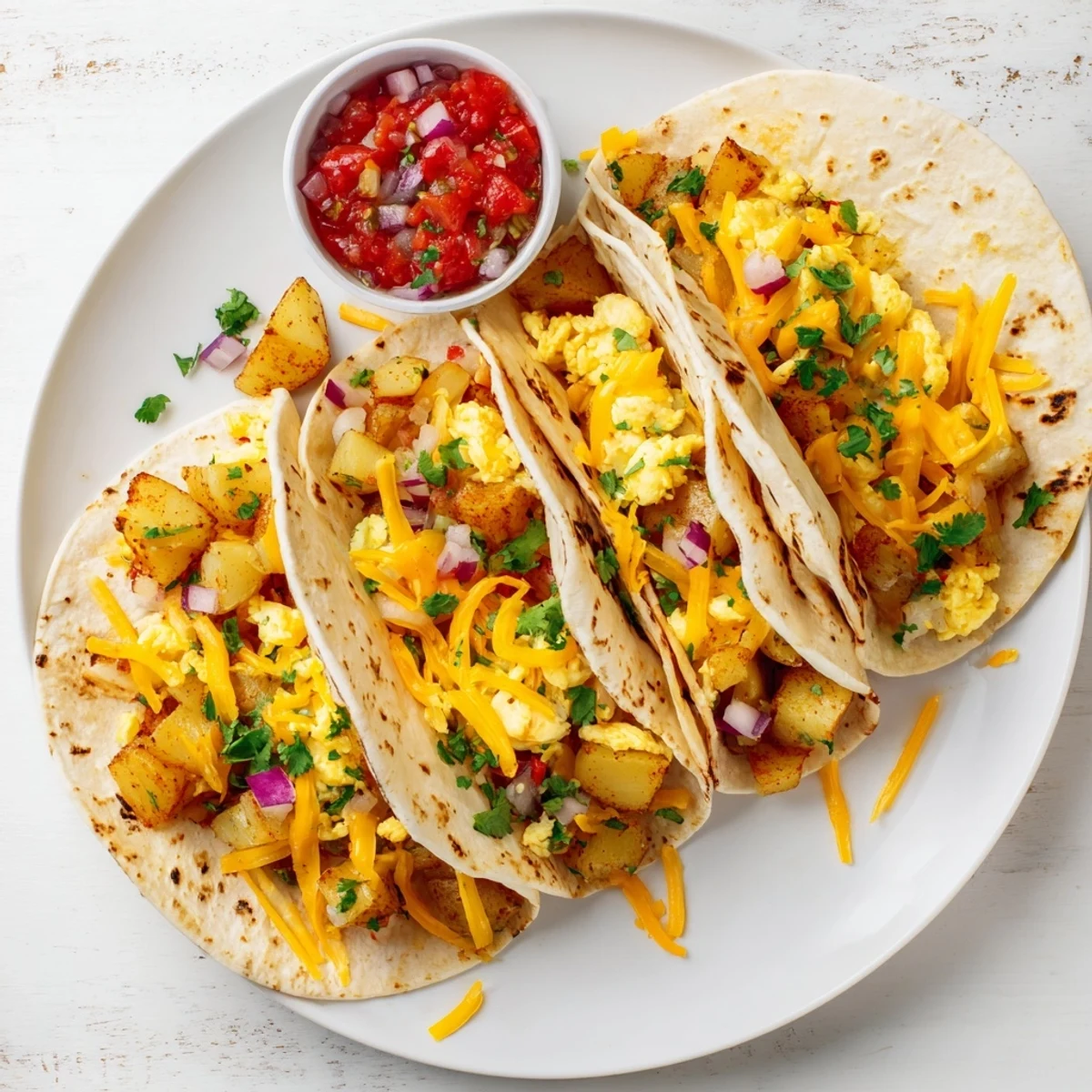 Hearty potato egg cheese breakfast tacos topped with salsa and chopped fresh cilantro