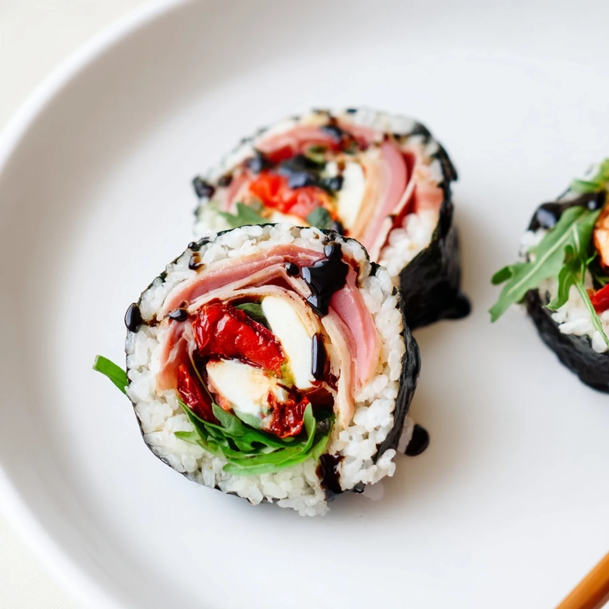Fusion Italian sushi featuring fresh basil, sun-dried tomatoes, and arugula wrapped in nori