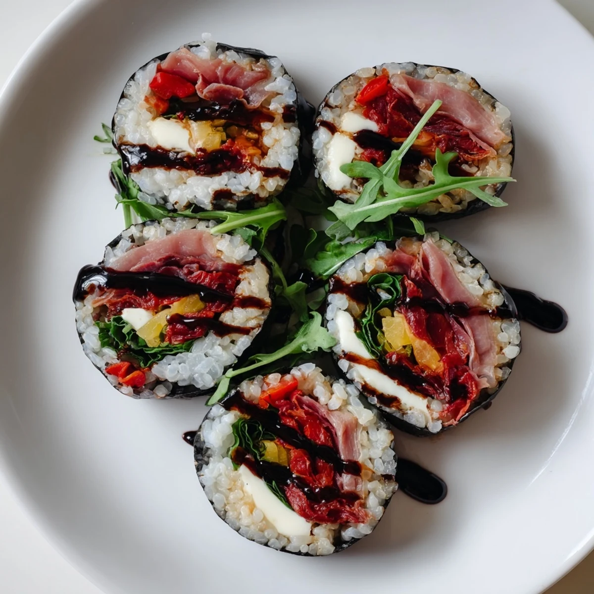 Colorful Italian sushi roll showcasing prosciutto, mozzarella, and roasted peppers on white platter