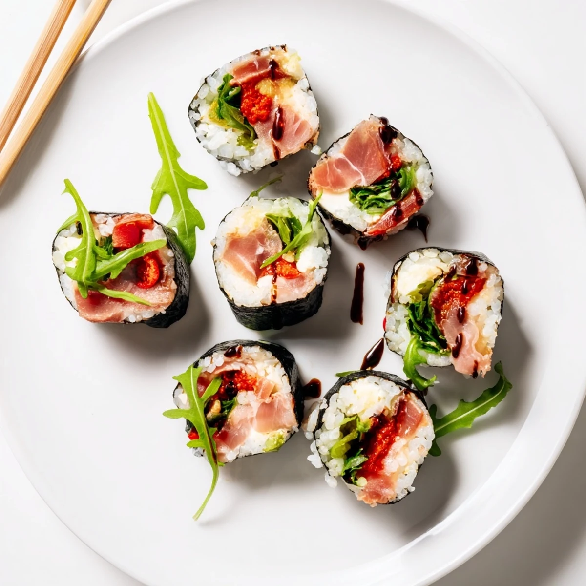 Homemade Italian sushi arranged elegantly with balsamic glaze and extra basil garnish