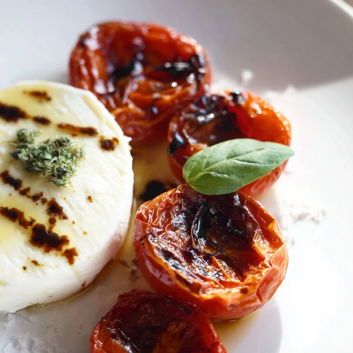 Golden roasted tomato Caprese salad drizzled with balsamic glaze and fresh basil leaves
