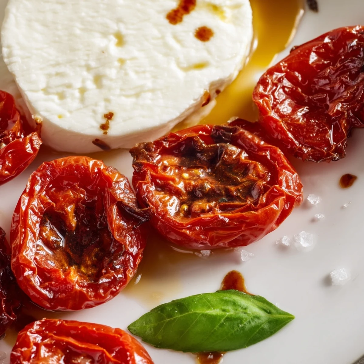 Colorful platter of roasted tomato Caprese salad featuring melted mozzarella and fragrant green basil