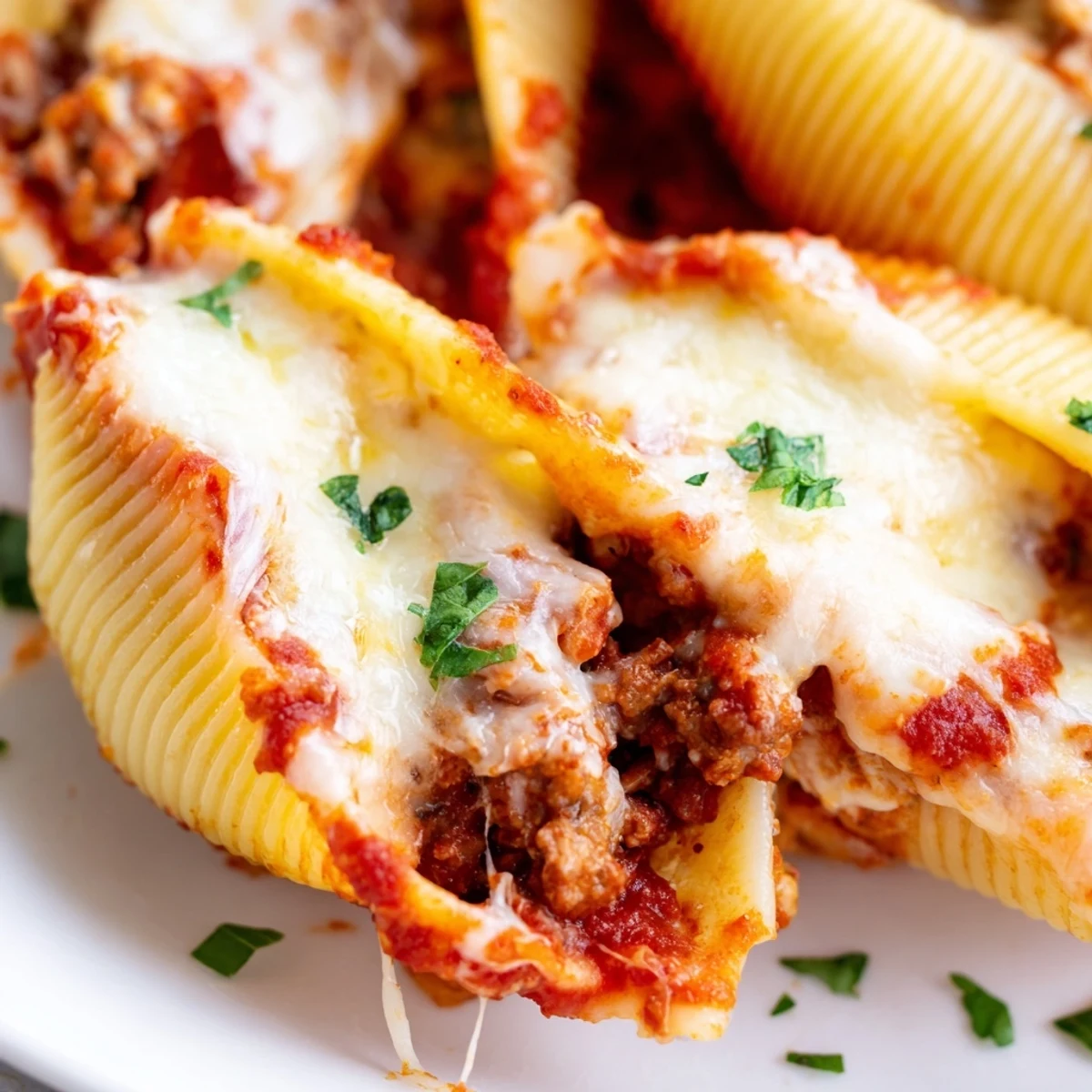 Creamy ricotta and ground beef filling stuffed inside jumbo pasta shells in tomato sauce