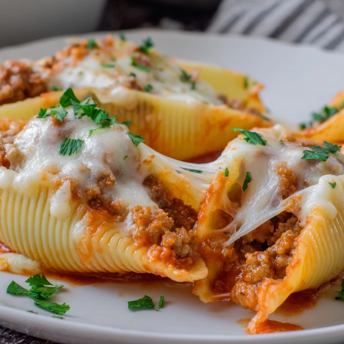 Golden baked beef stuffed shells pasta dish with bubbling mozzarella cheese topping
