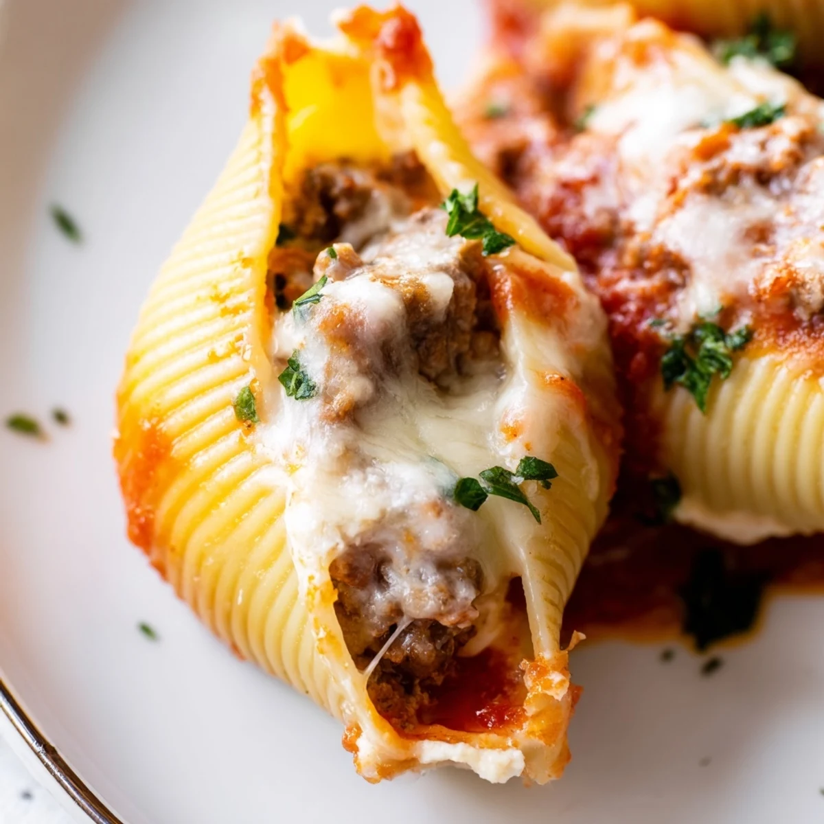 Homemade Italian beef stuffed shells casserole with melted cheese and fresh parsley garnish