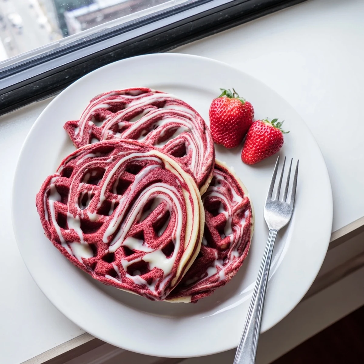 Golden red velvet marble waffles topped with cream cheese glaze and fresh berries on a white plate