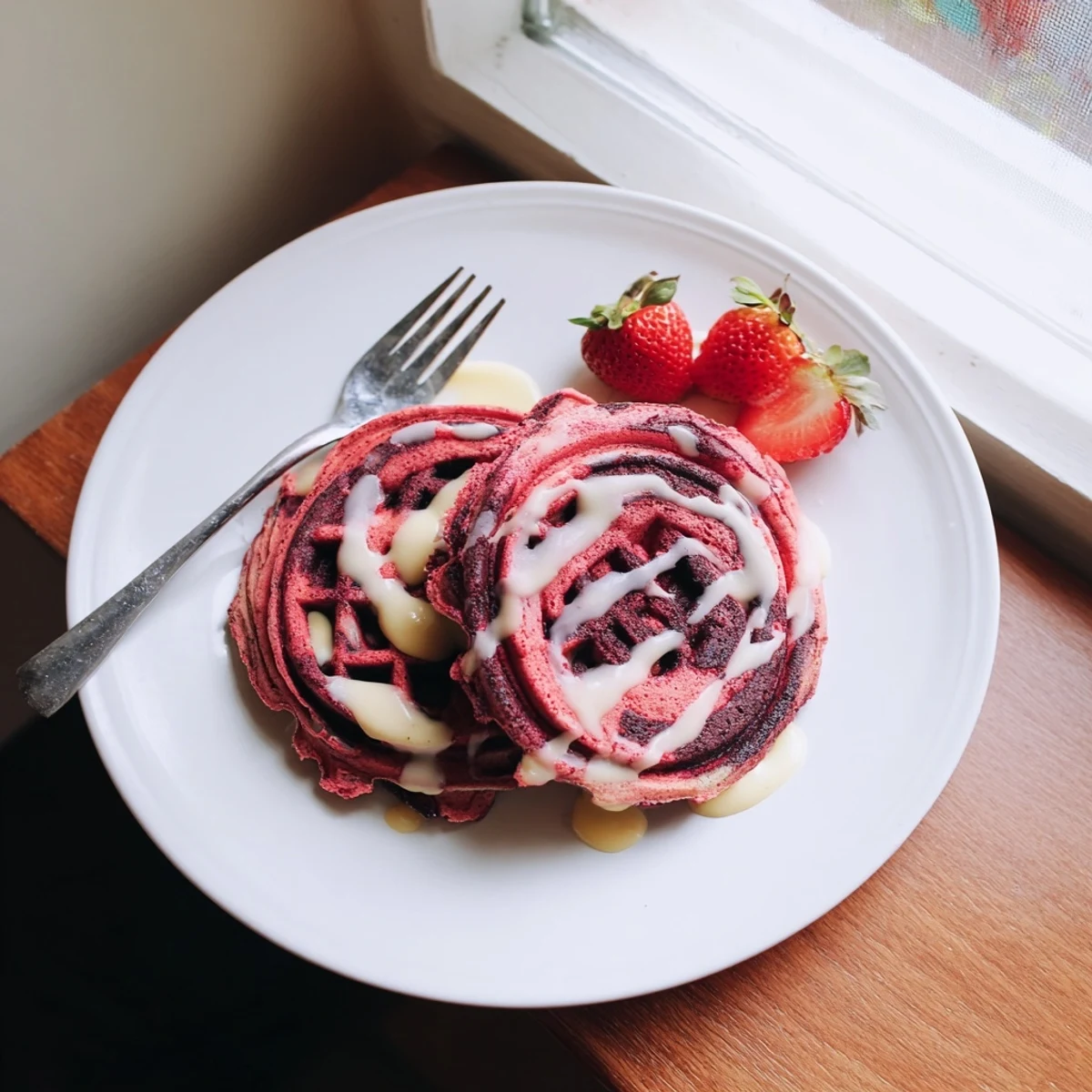 Stack of fluffy red velvet marble waffles with swirled vanilla and crimson patterns drizzled with warm maple syrup