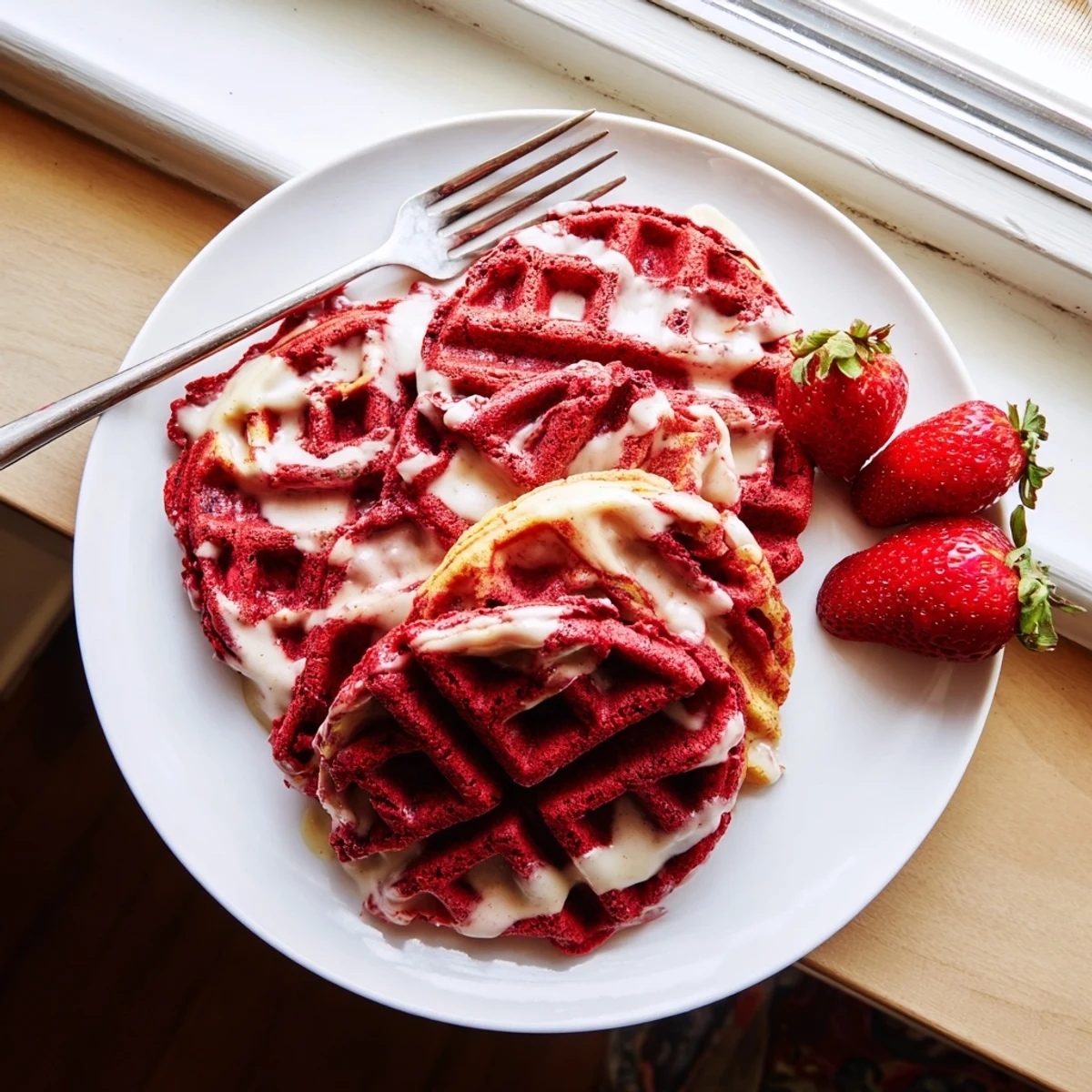 Crispy heart-shaped red velvet marble waffles served with whipped cream and strawberry slices for brunch