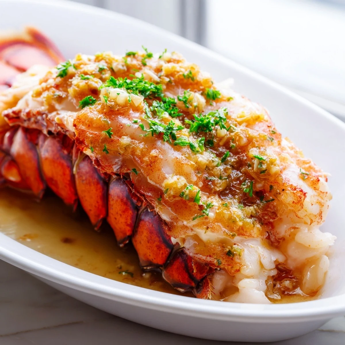 Golden baked garlic butter lobster tails brushed with herbs and served with lemon wedges