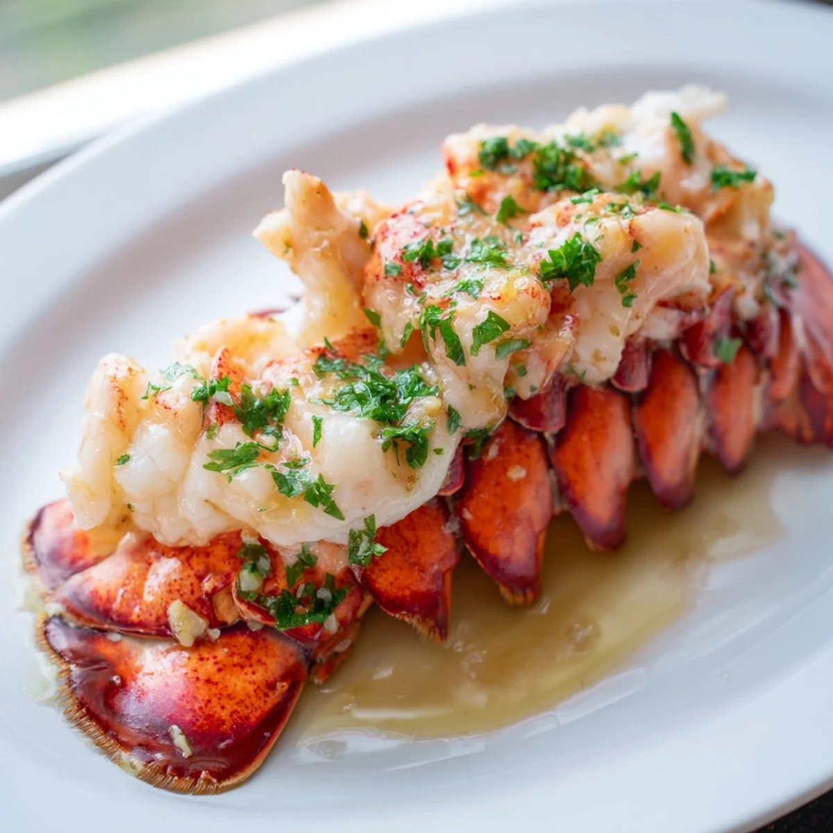 Tender lobster meat glistening with melted garlic butter sauce and fresh parsley garnish