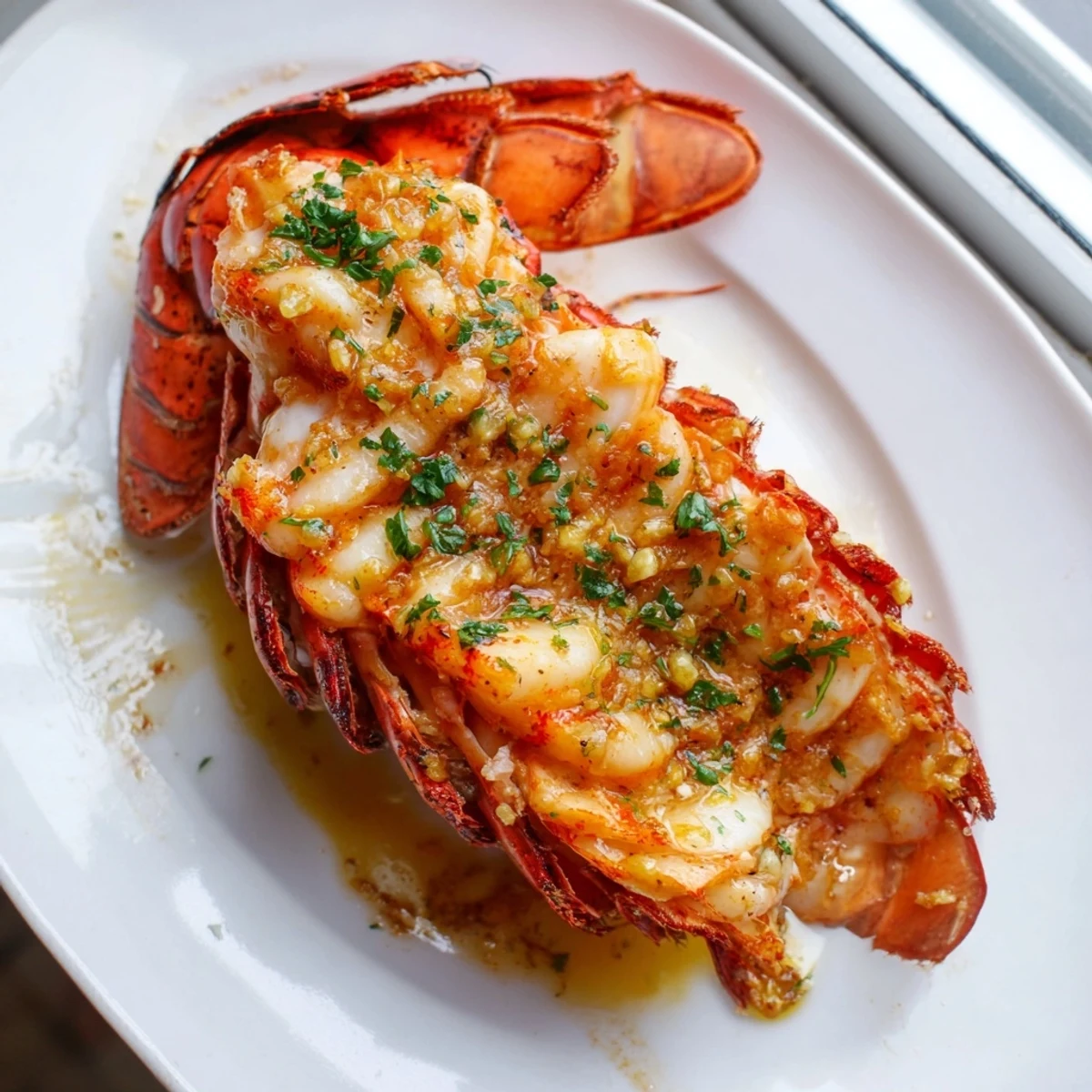 Roasted lobster tails in rich garlic butter atop a foil-lined baking sheet