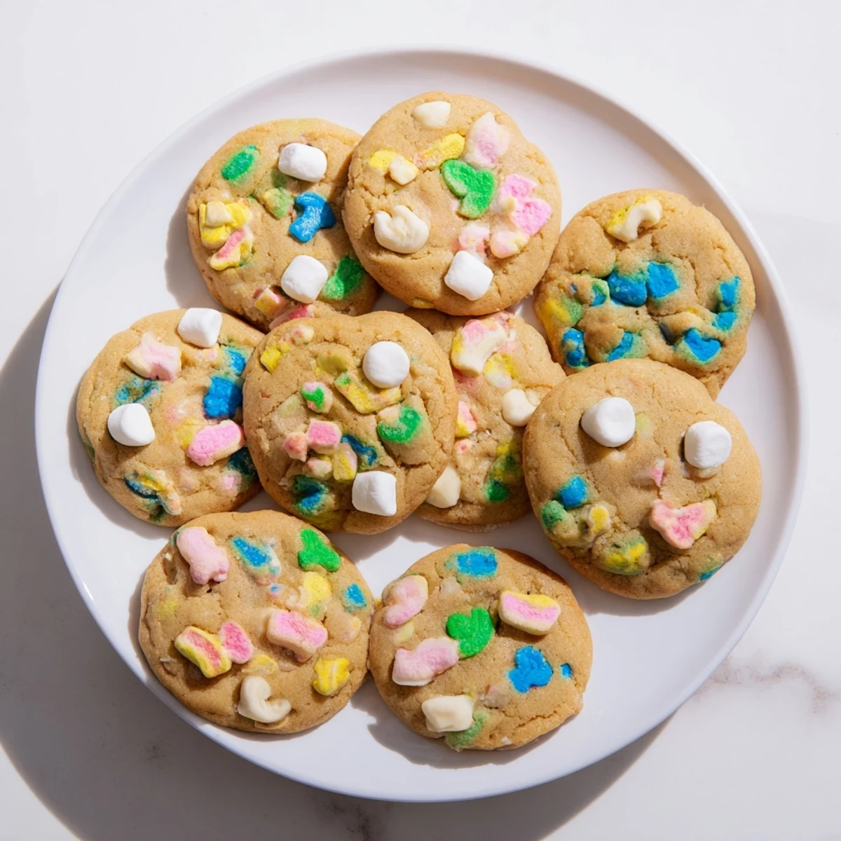Soft Lucky Charms cookies studded with colorful marshmallows on a white plate