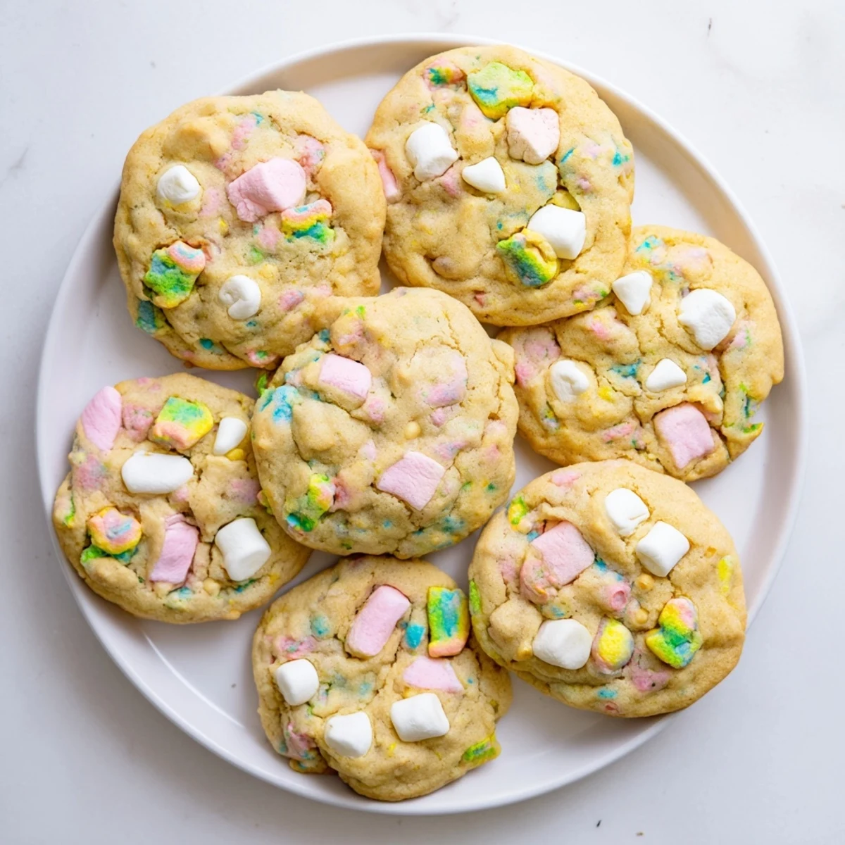 Chewy Lucky Charms cookies featuring vibrant pink and green marshmallow bits throughout